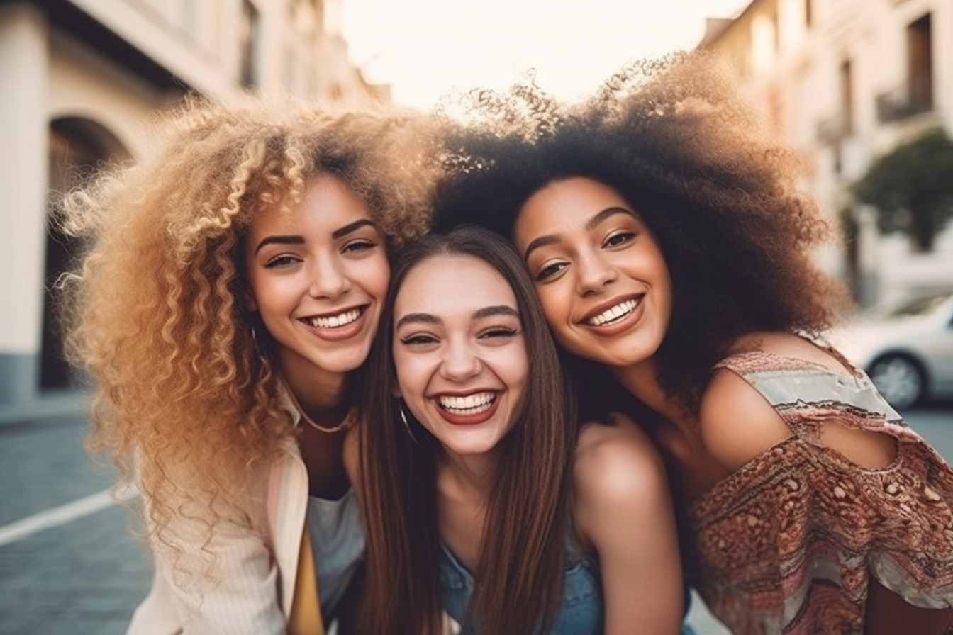 Three young multiracial women having fun and looking camera – friendship, cheerful, interaction - AI Generative