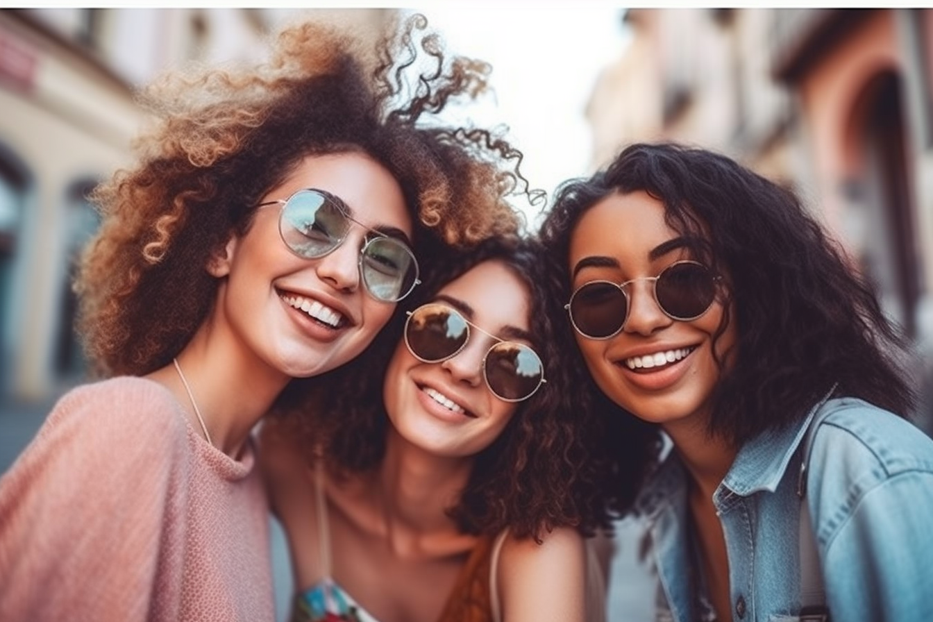 Three young multiracial women having fun and looking camera – friendship, cheerful, interaction - AI Generative