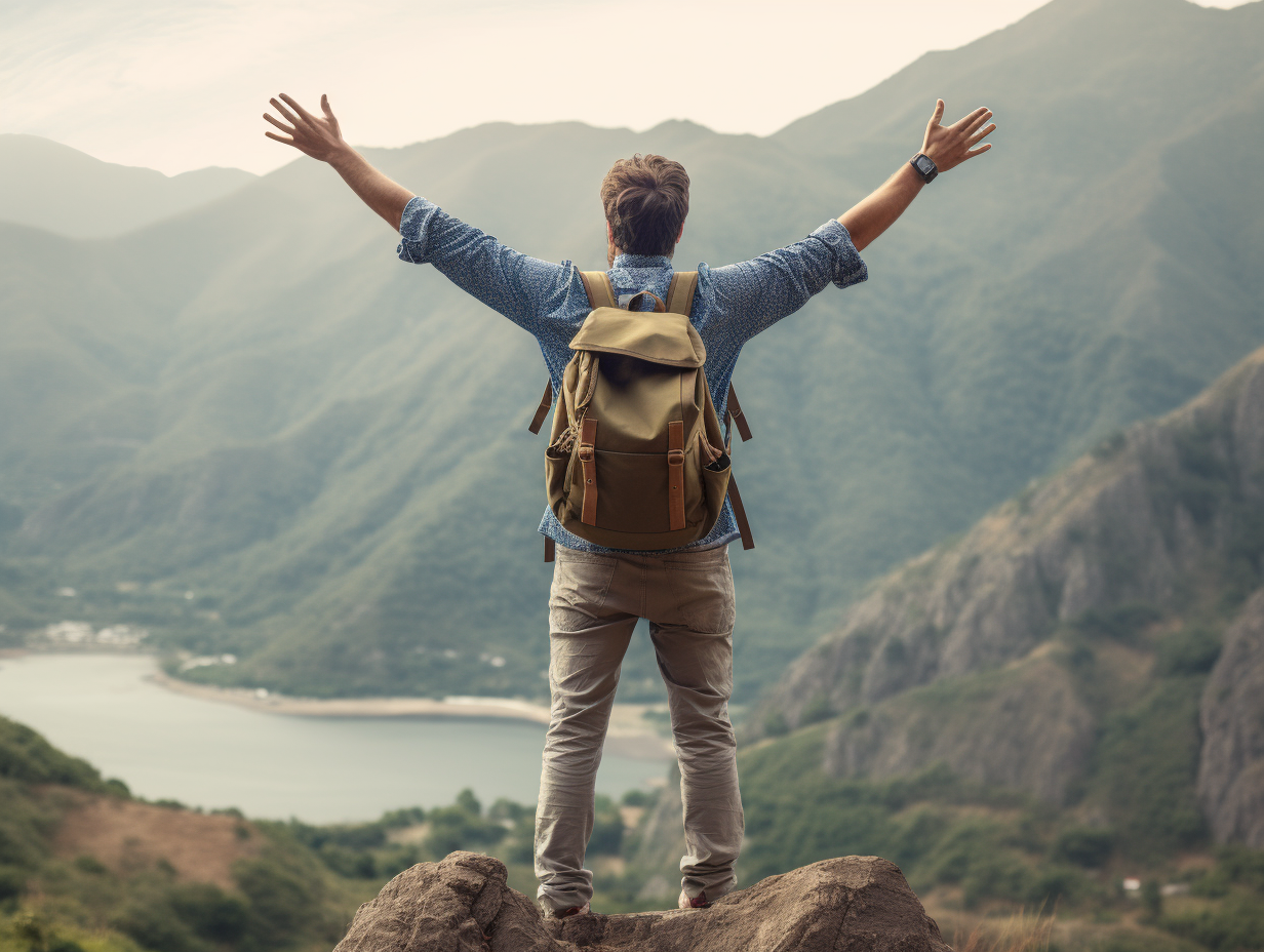 Back view of a young tourist man with a backpack on a background of mountains. He raised his hands and shows how happy and free he is - AI Generative