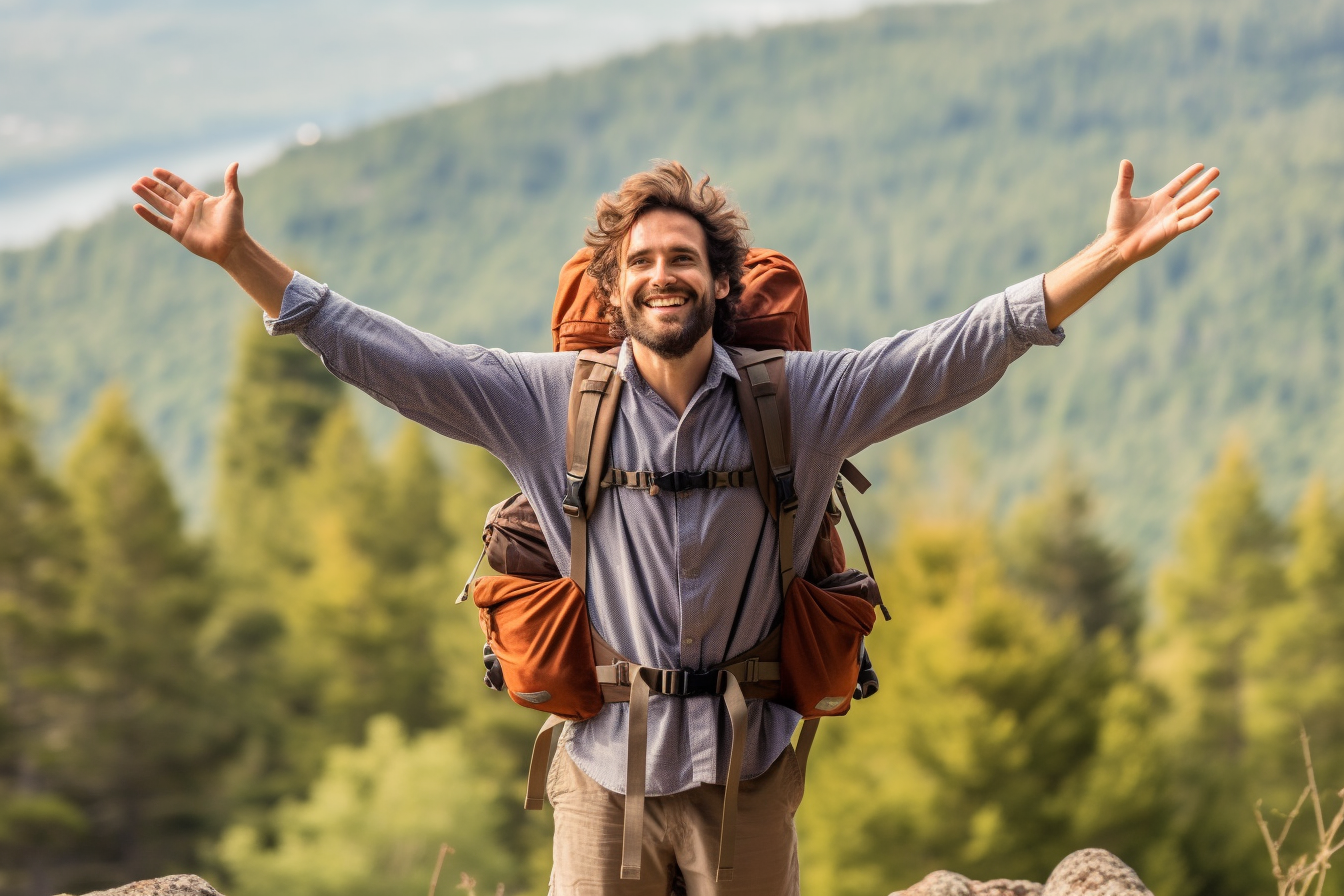 Front view of a young tourist man with a backpack on a background of mountains. He raised his hands and shows how happy and free he is - AI Generative