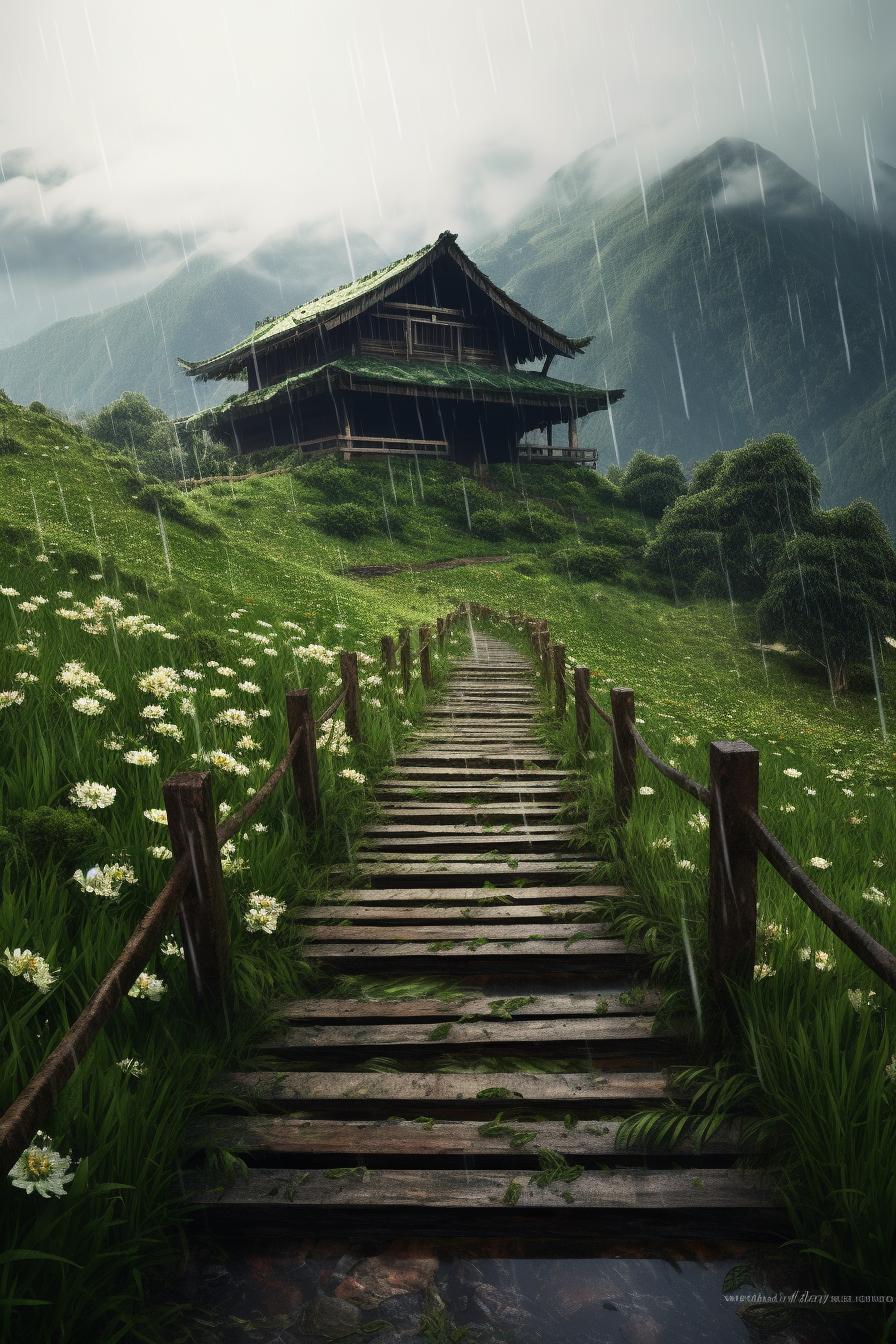 Wooden path leading to a house in the rain