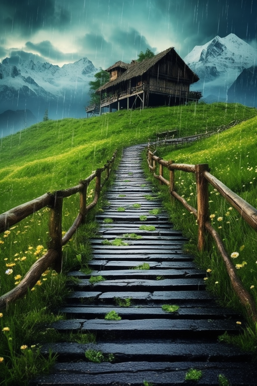 Wooden path leading to a house in the rain