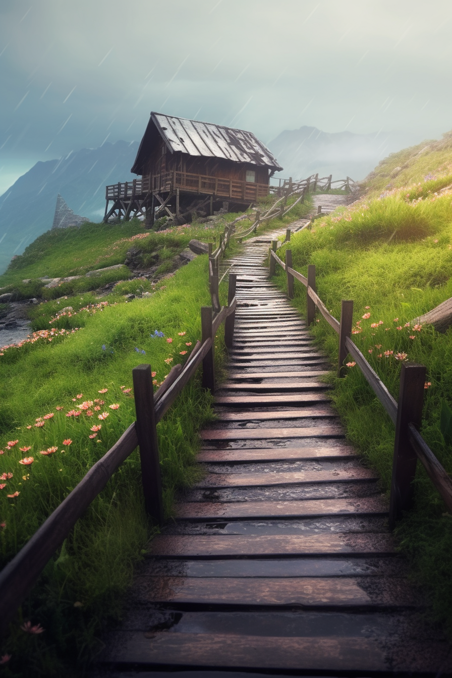 Wooden path leading to a house in the rain