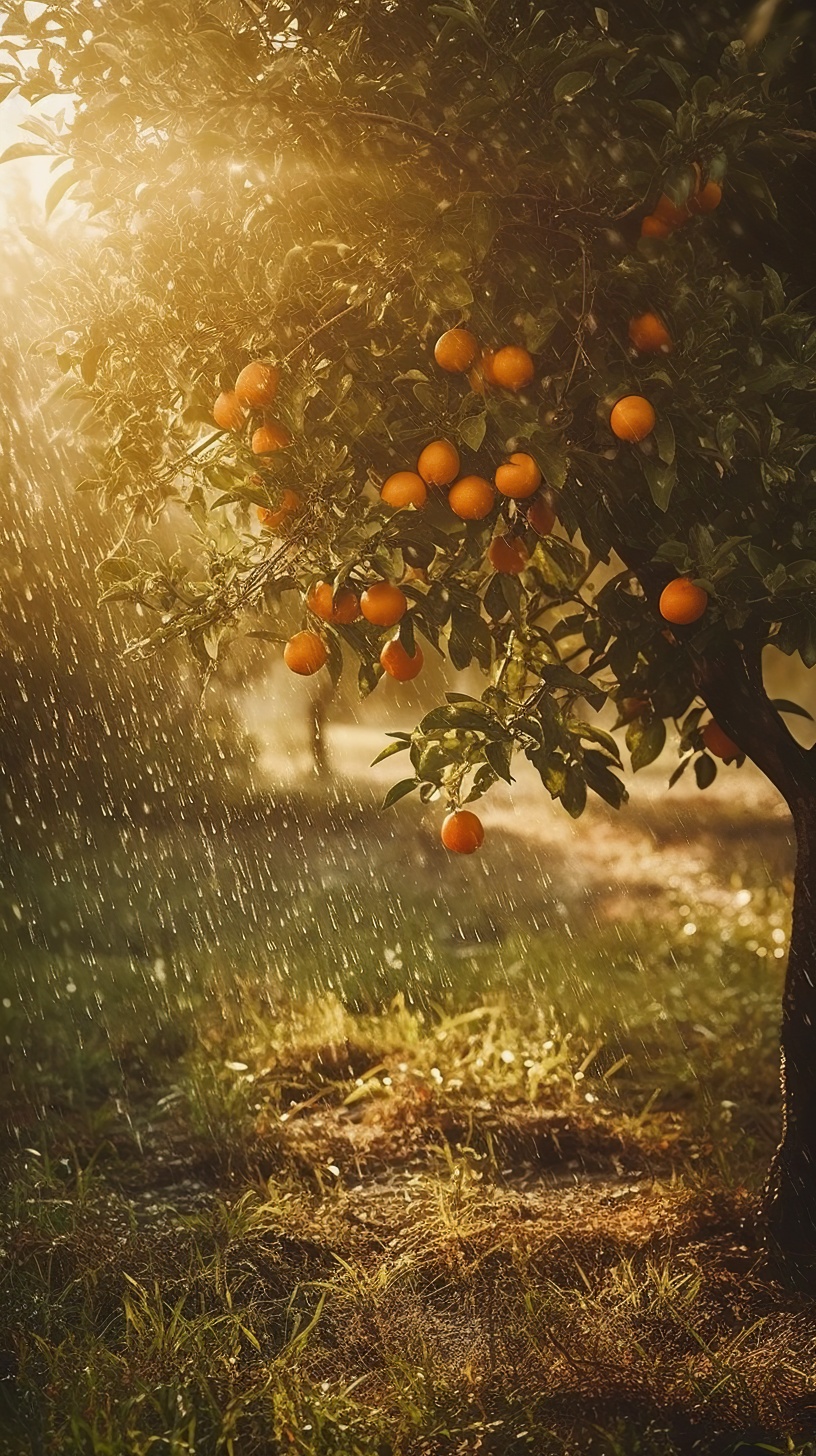 orange tree with water drops and meadow in background