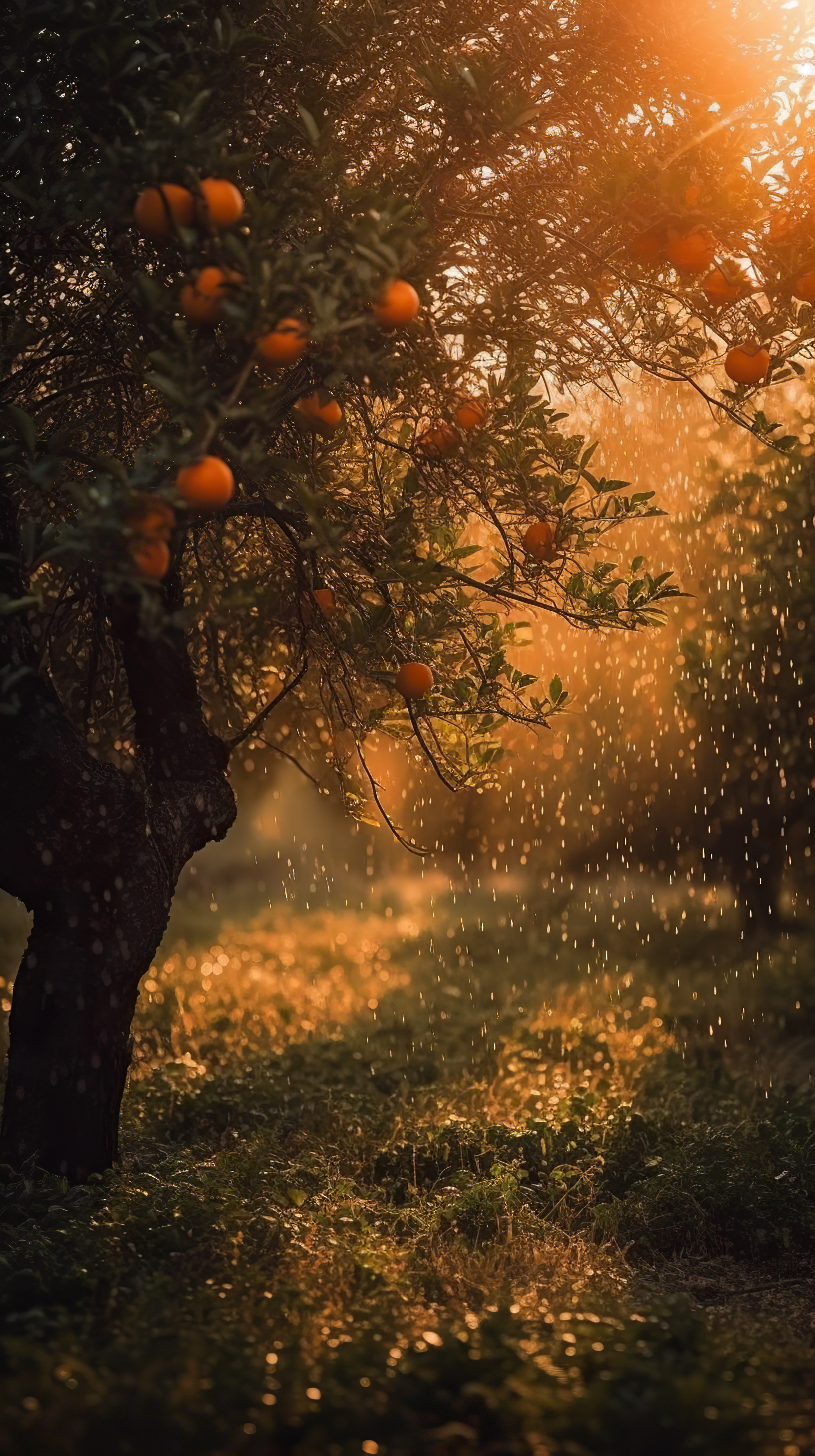 orange tree with water drops and meadow in background