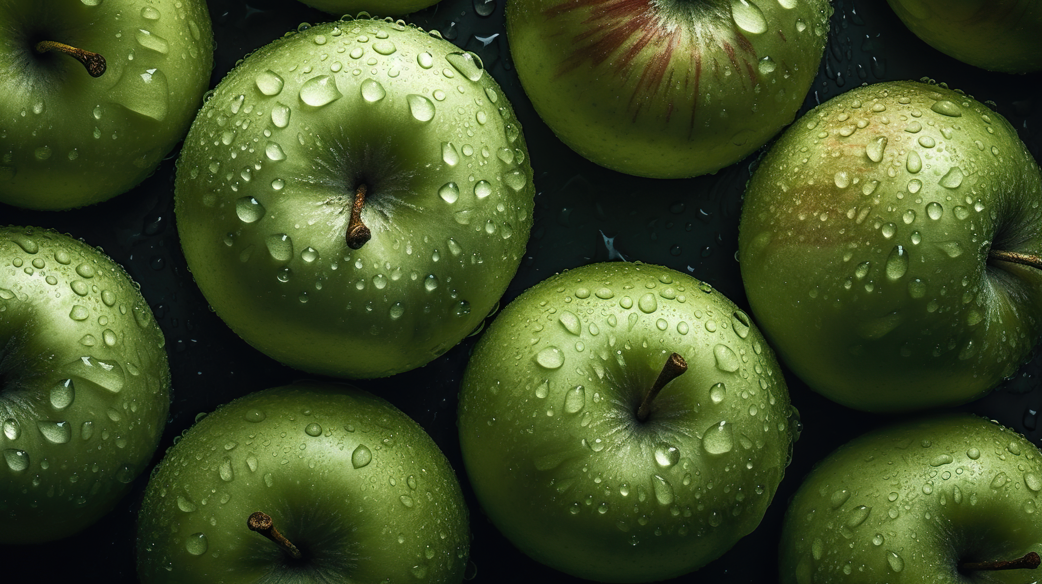Green Apples with Water Droplets on Black Background