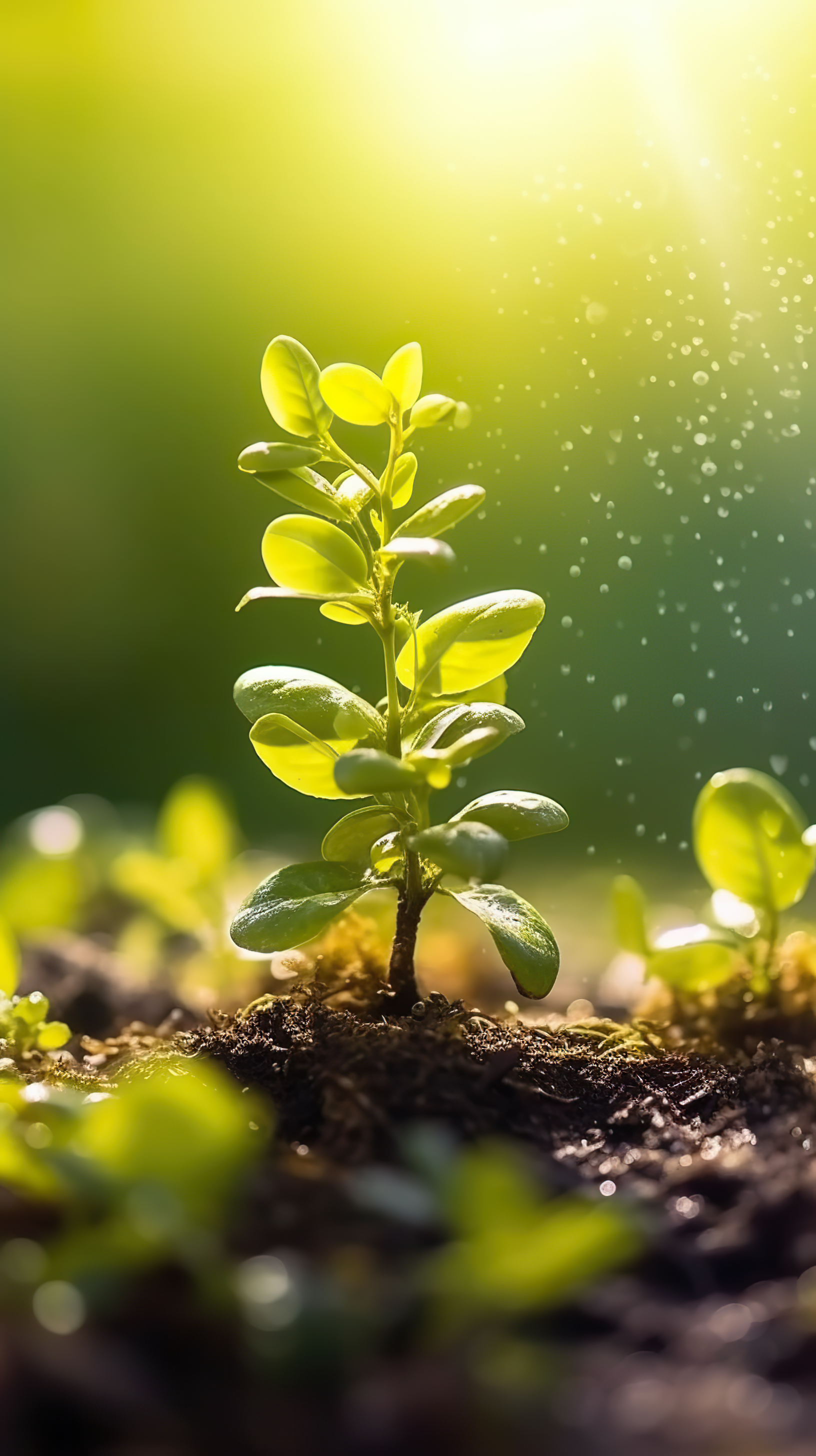 small tree growing with sunrise with water drops and meadow background. green world and earth day concept