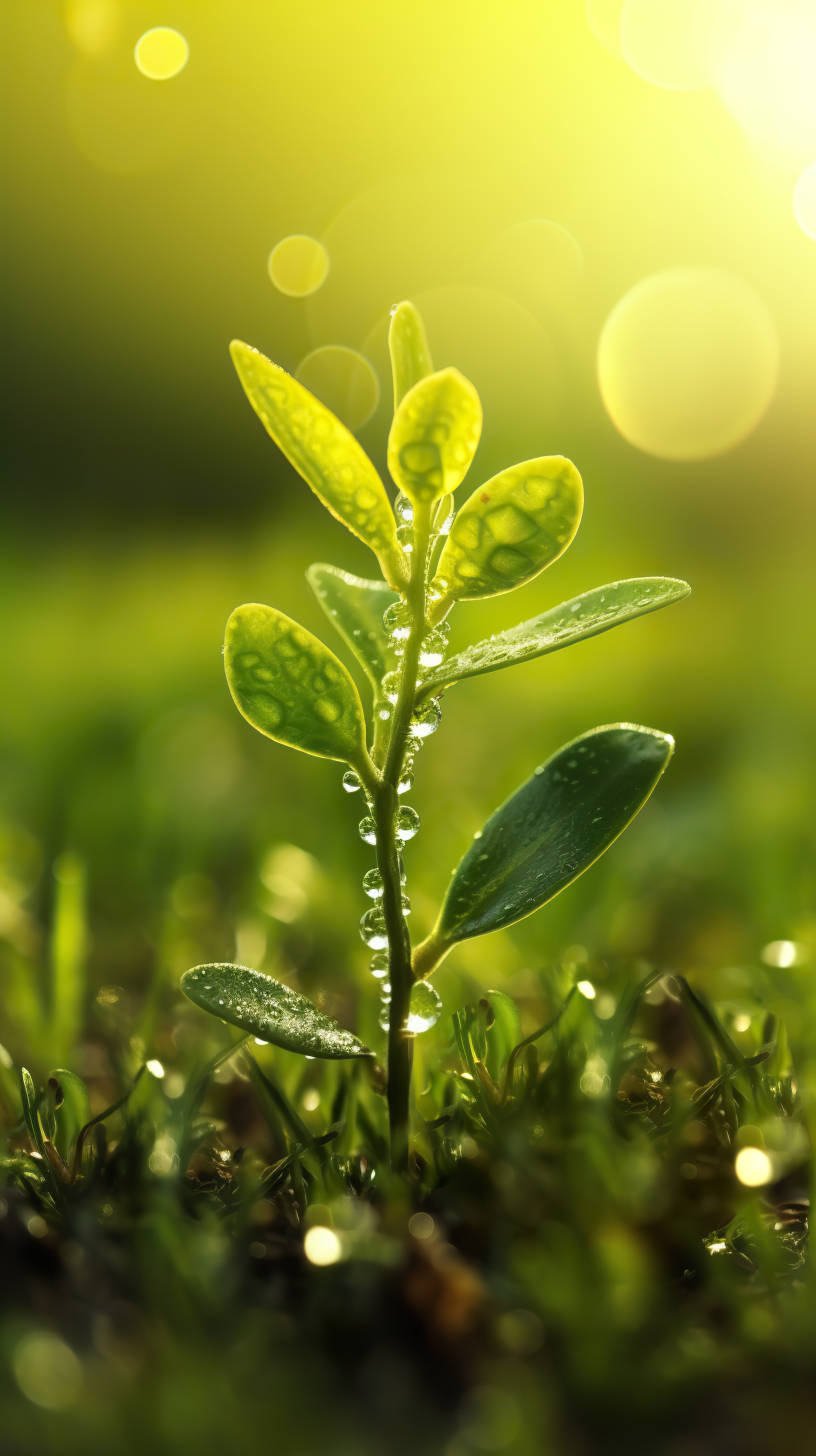 small lemon tree growing with sunrise with water drops and meadow background. green world and earth day concept