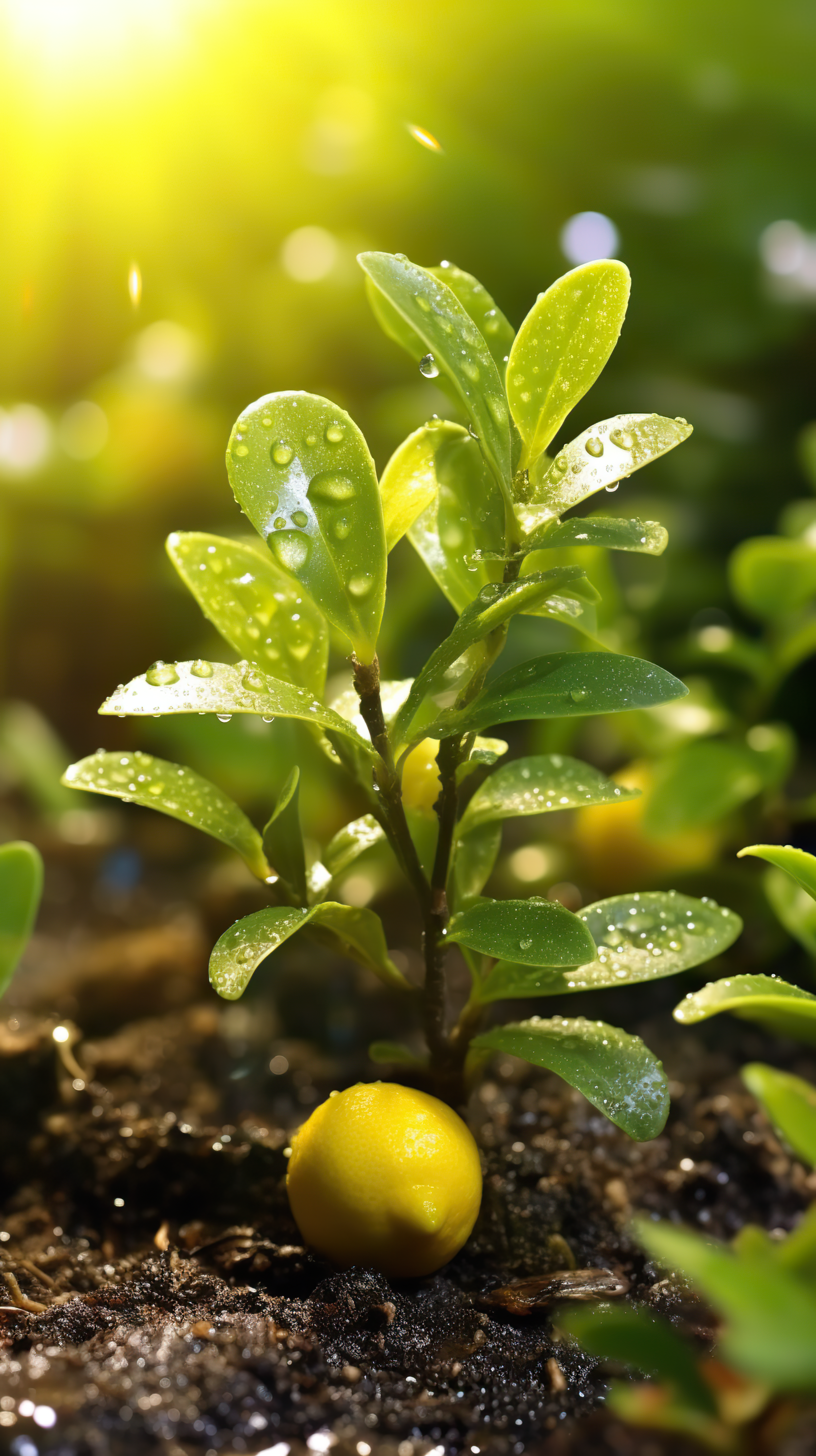 small lemon tree growing with sunrise with water drops and meadow background. green world and earth day concept