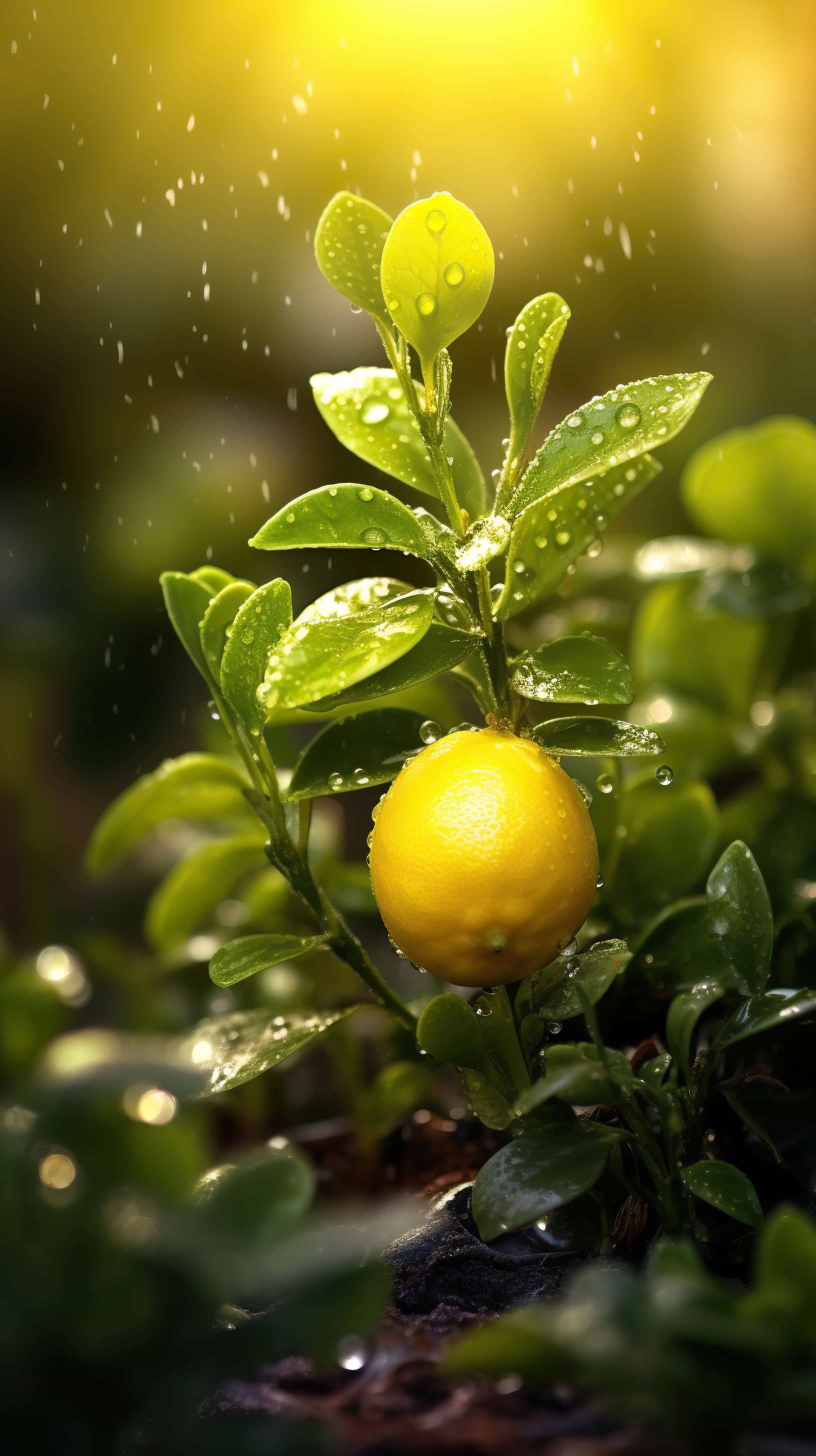 small lemon tree growing with sunrise with water drops and meadow background. green world and earth day concept