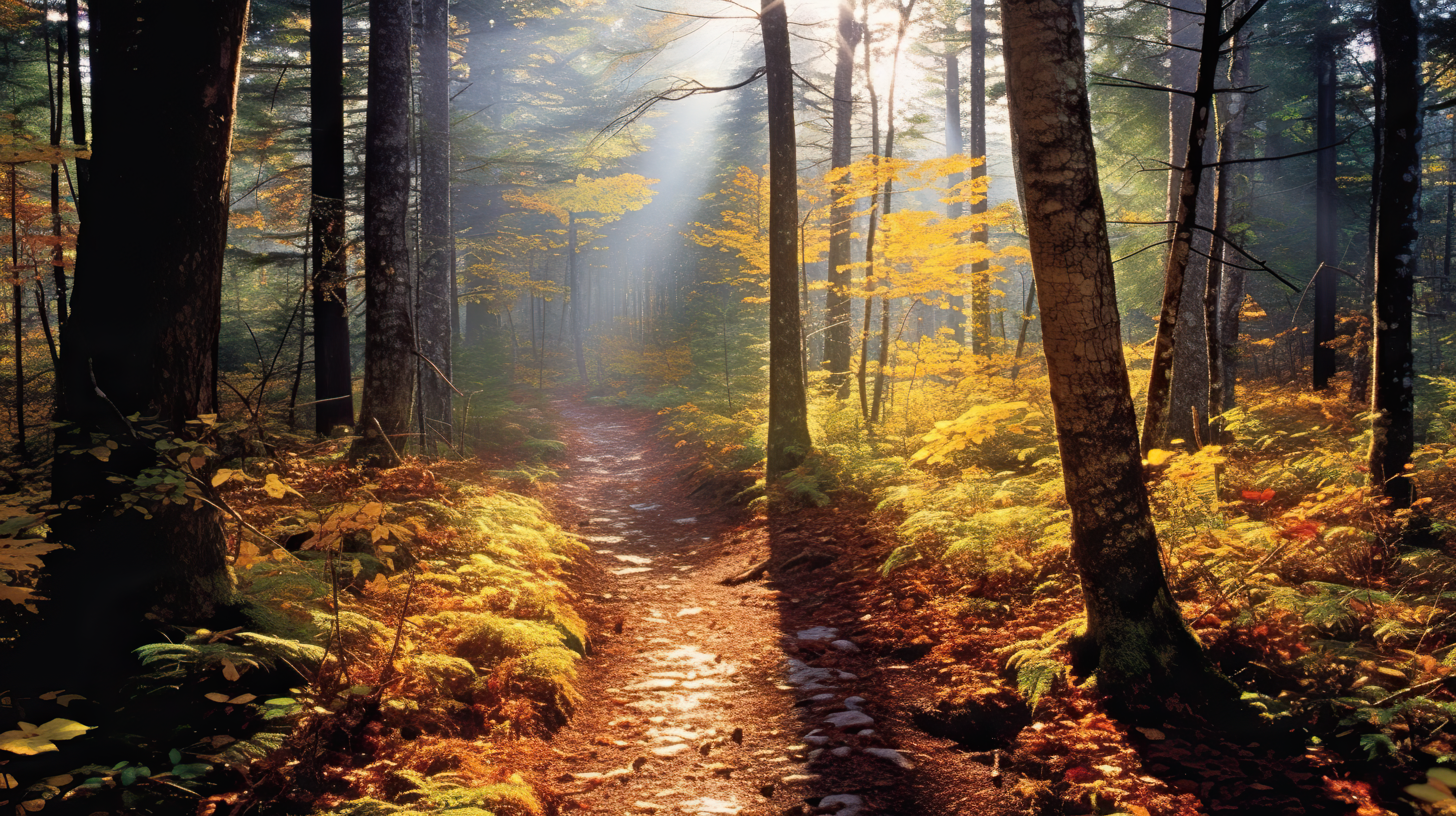 sunny path through a fall forest