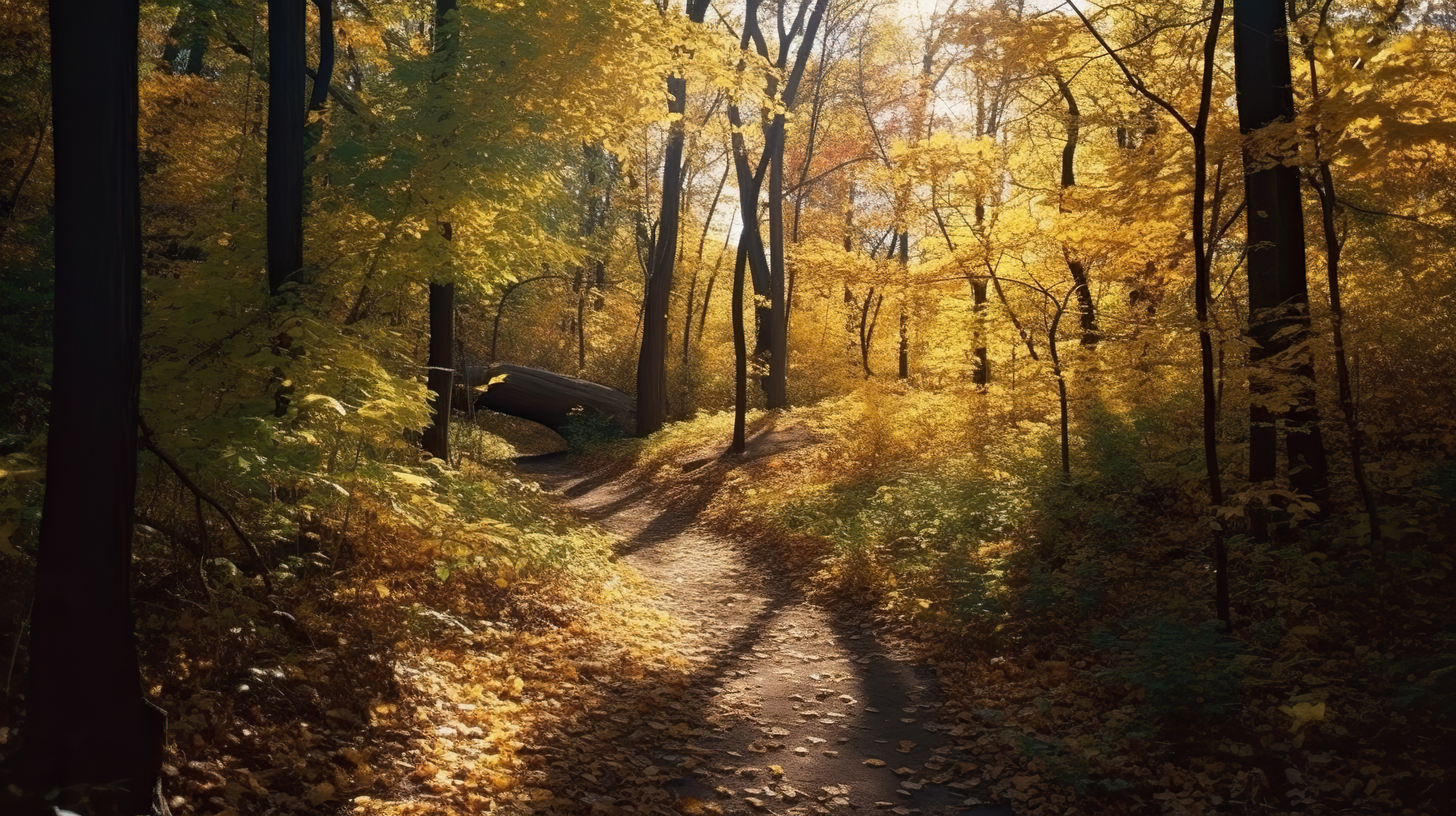 sunny path through a fall forest