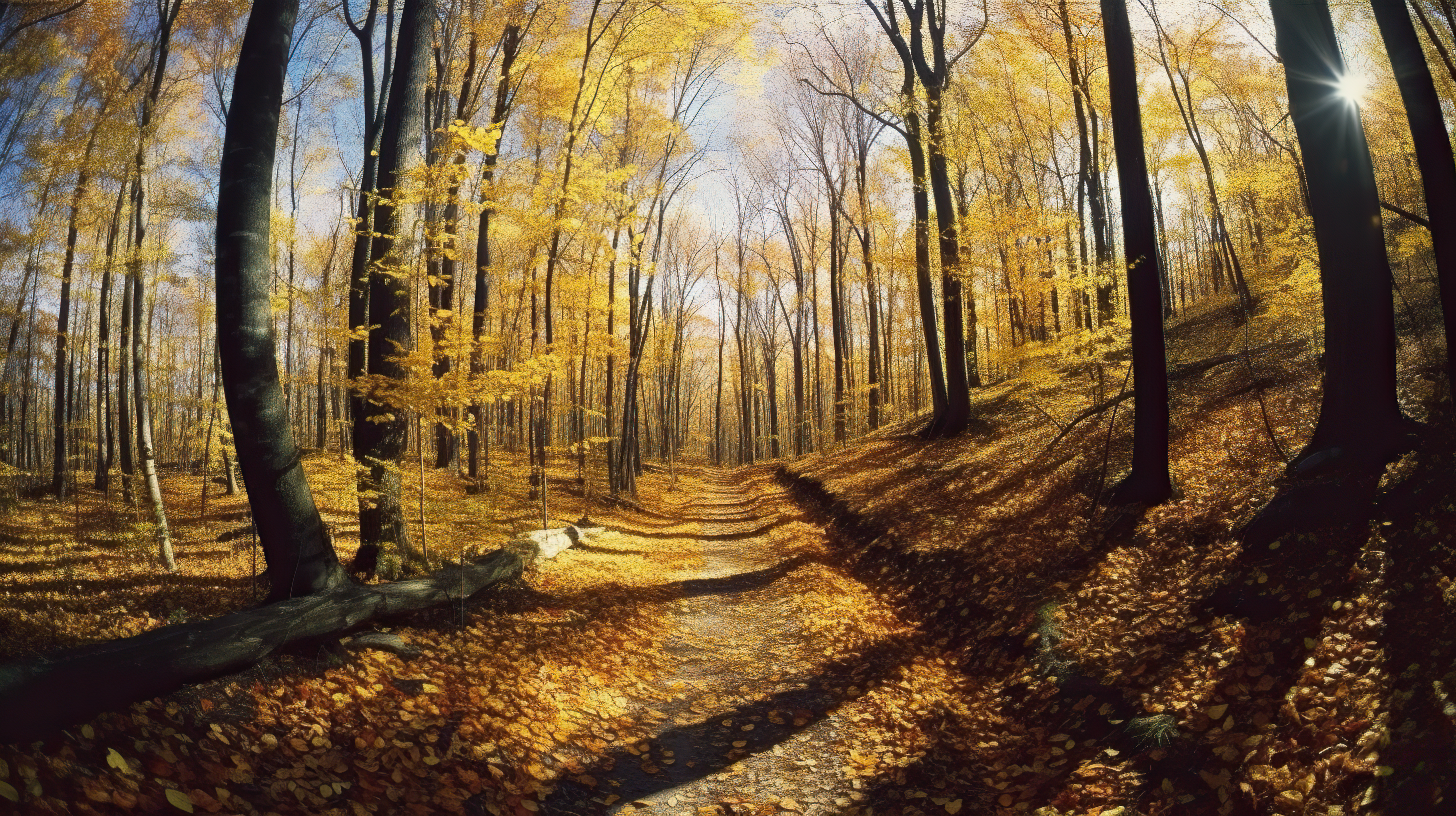 sunny path through a fall forest