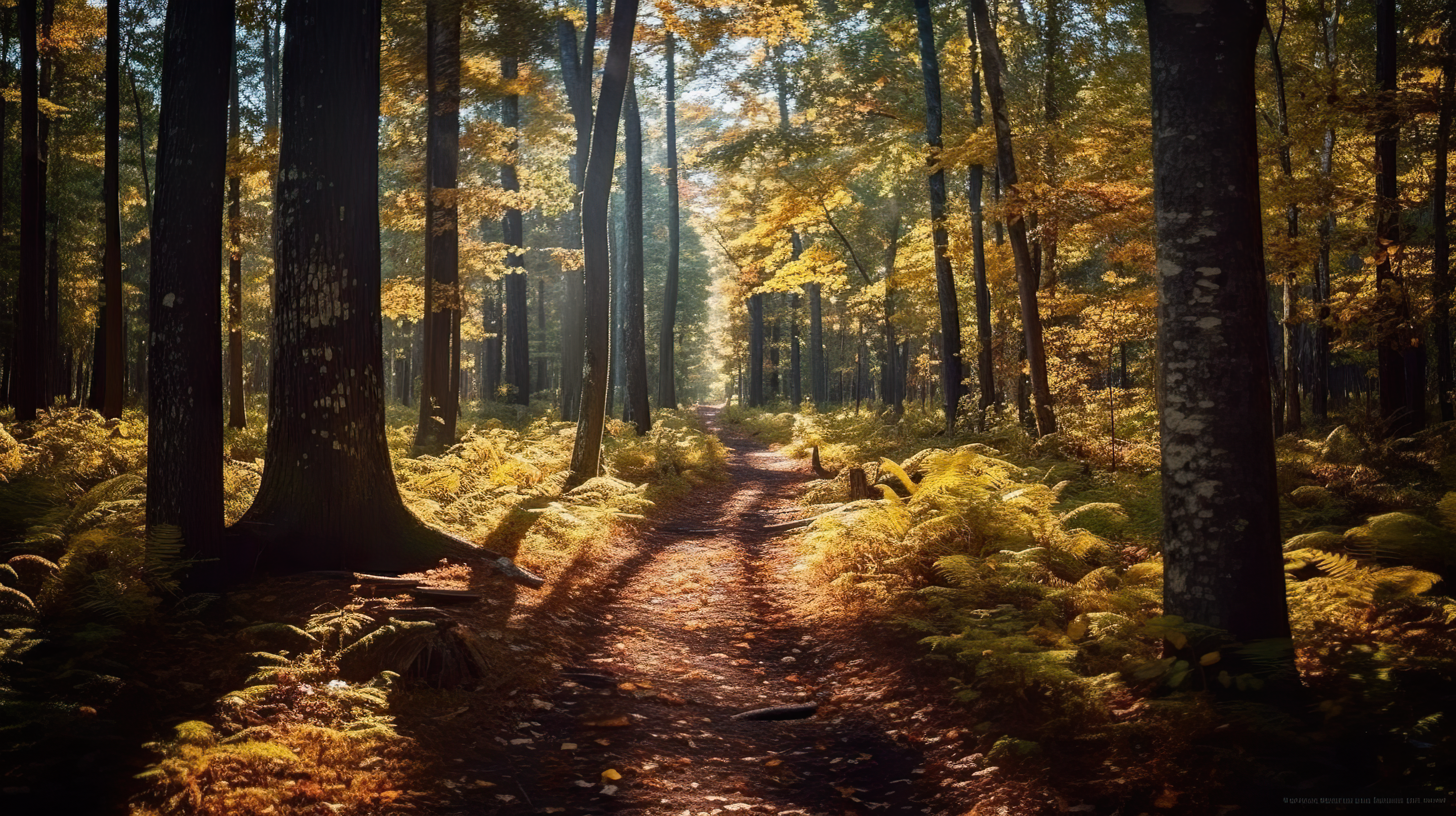 sunny path through a fall forest