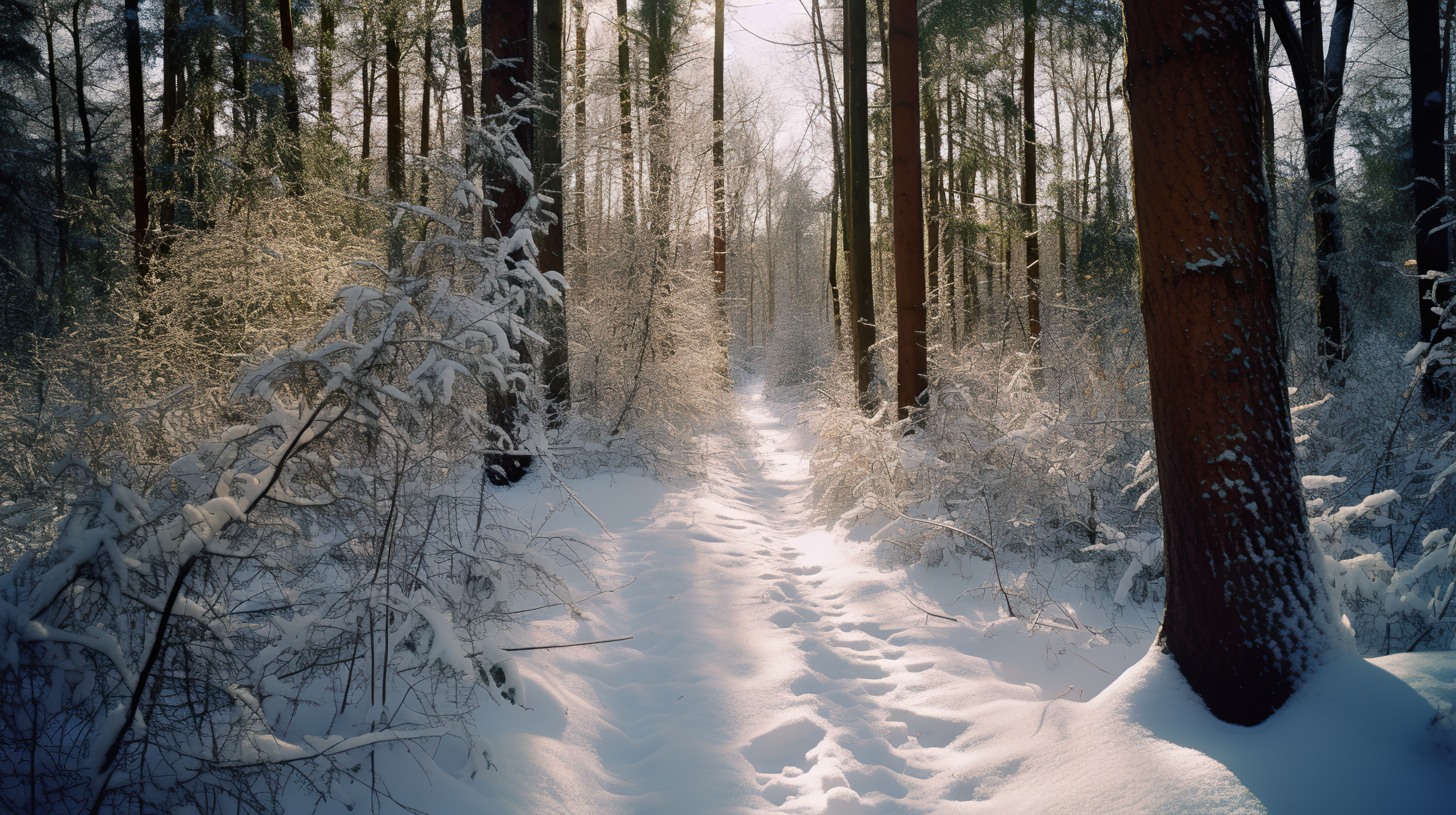 sunny path through a snowy forest