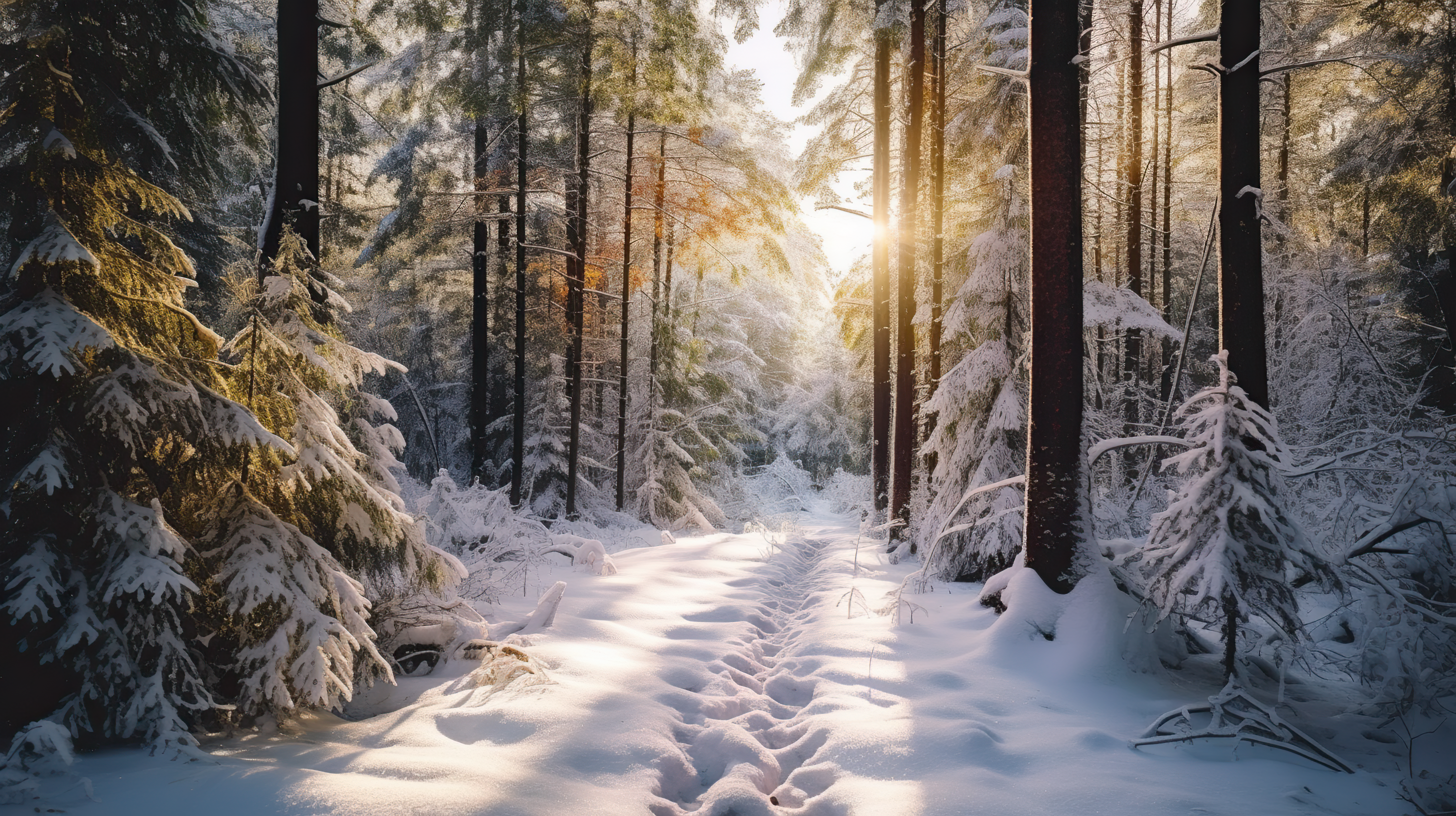 sunny path through a snowy forest