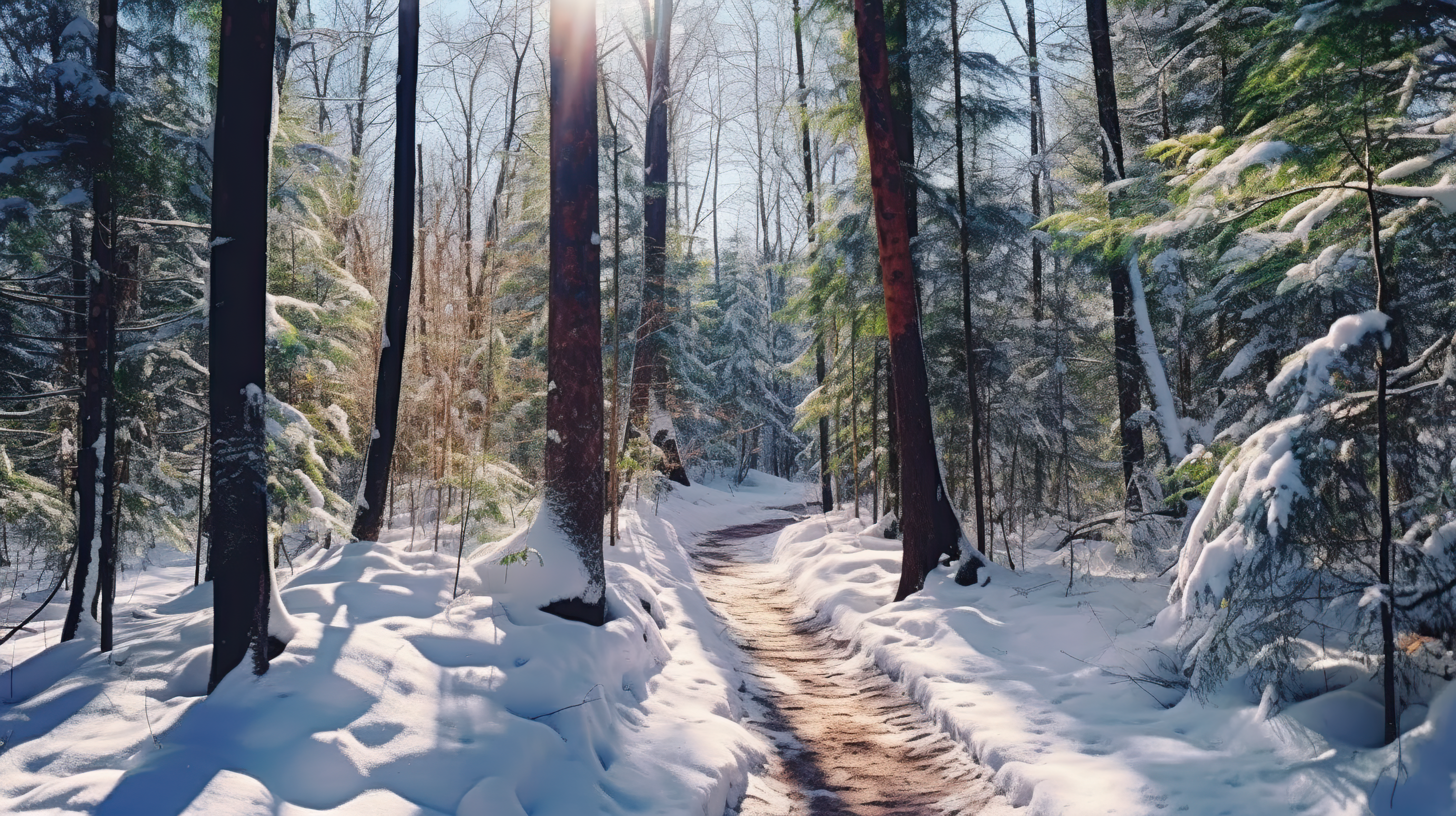 sunny path through a snowy forest