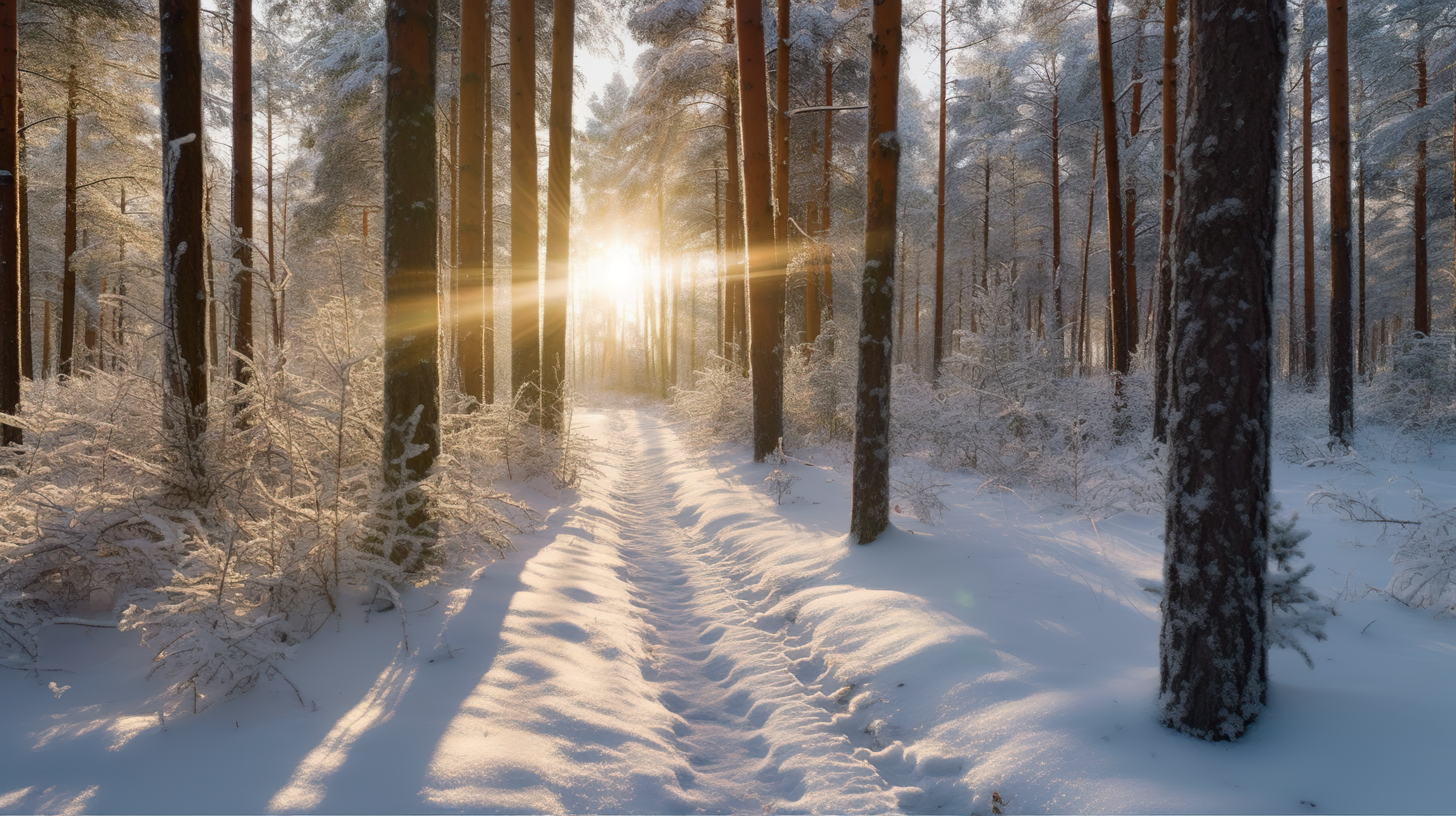 sunny path through a snowy forest