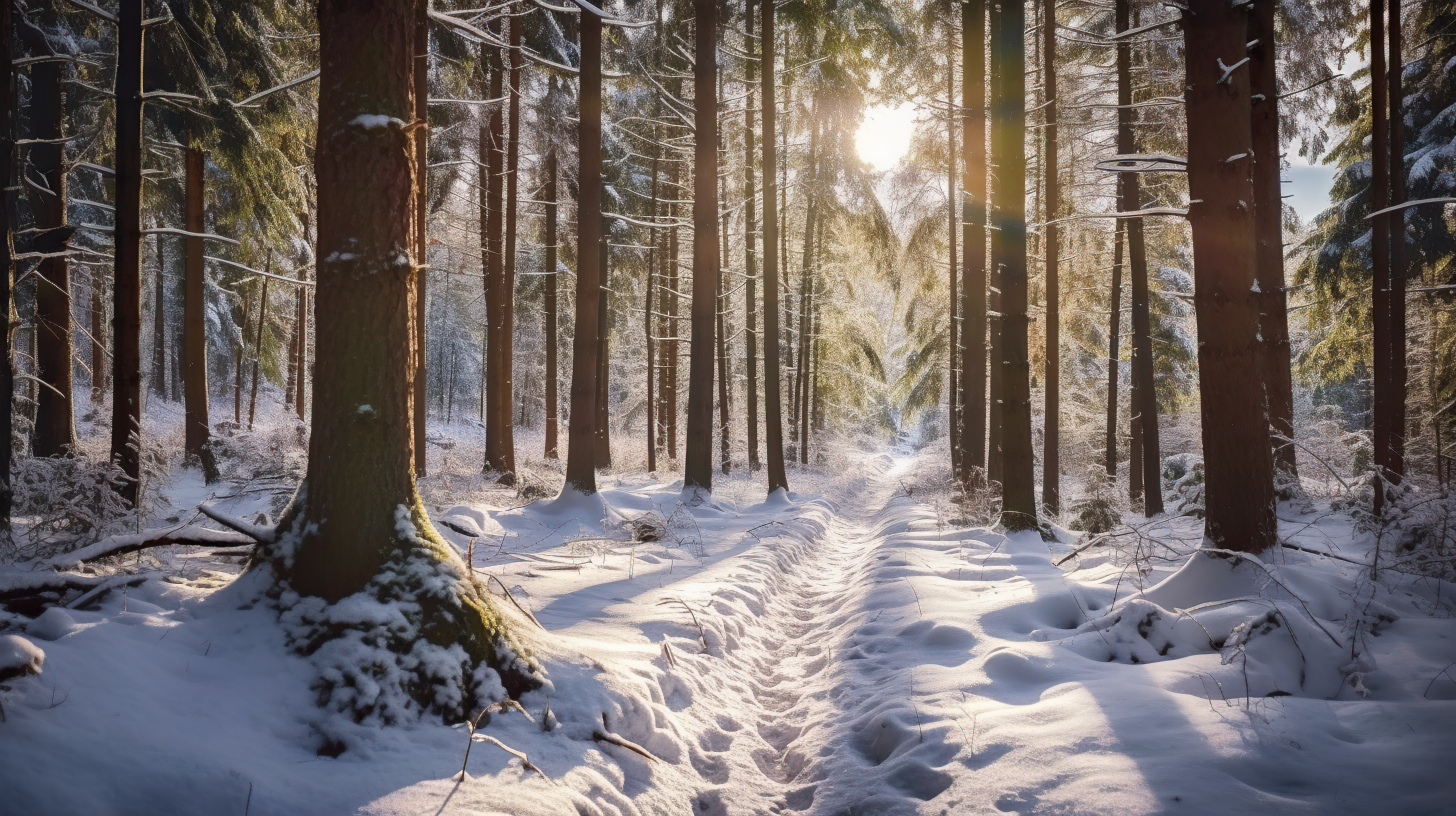 sunny path through a snowy forest