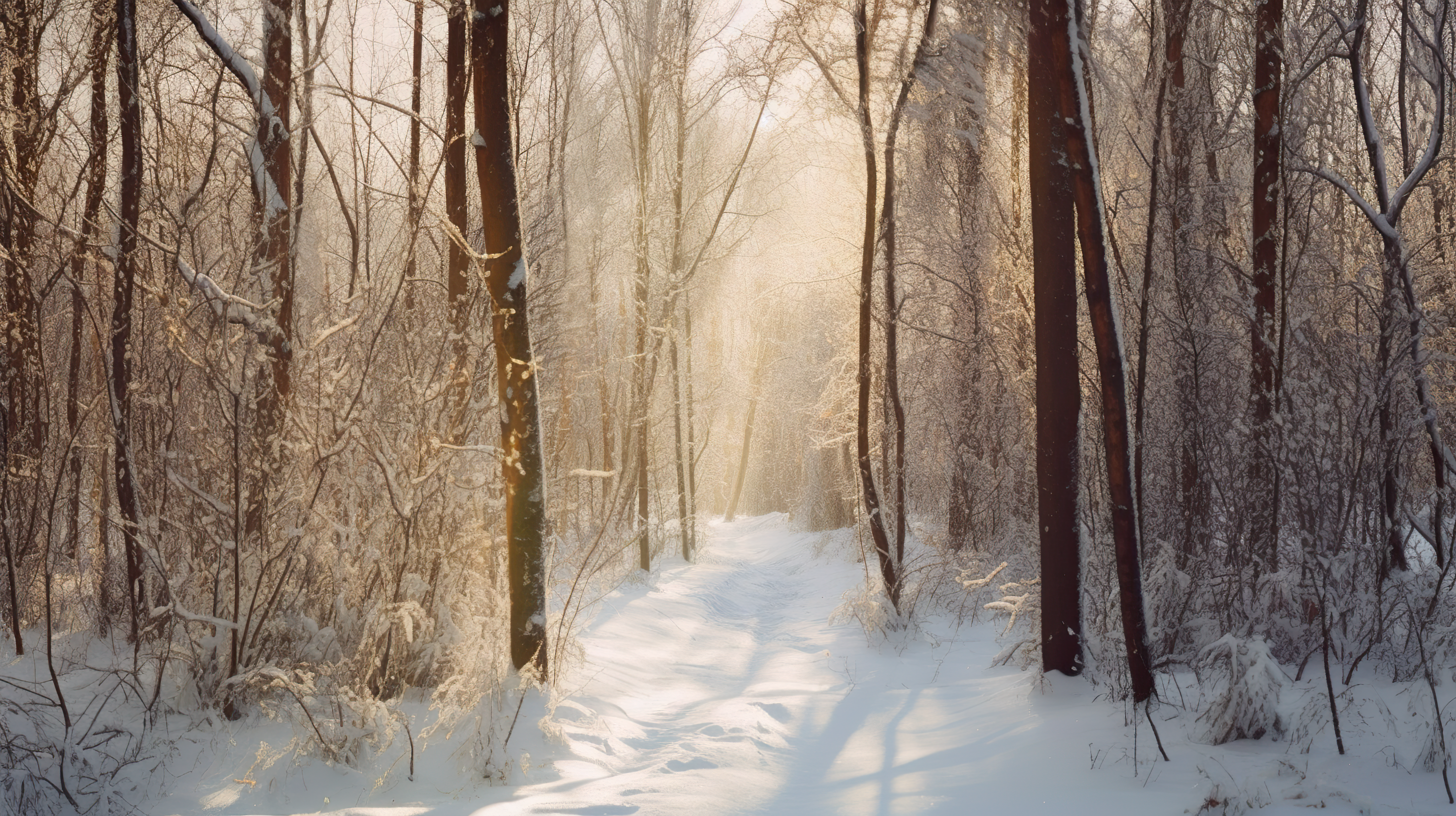 sunny path through a snowy forest