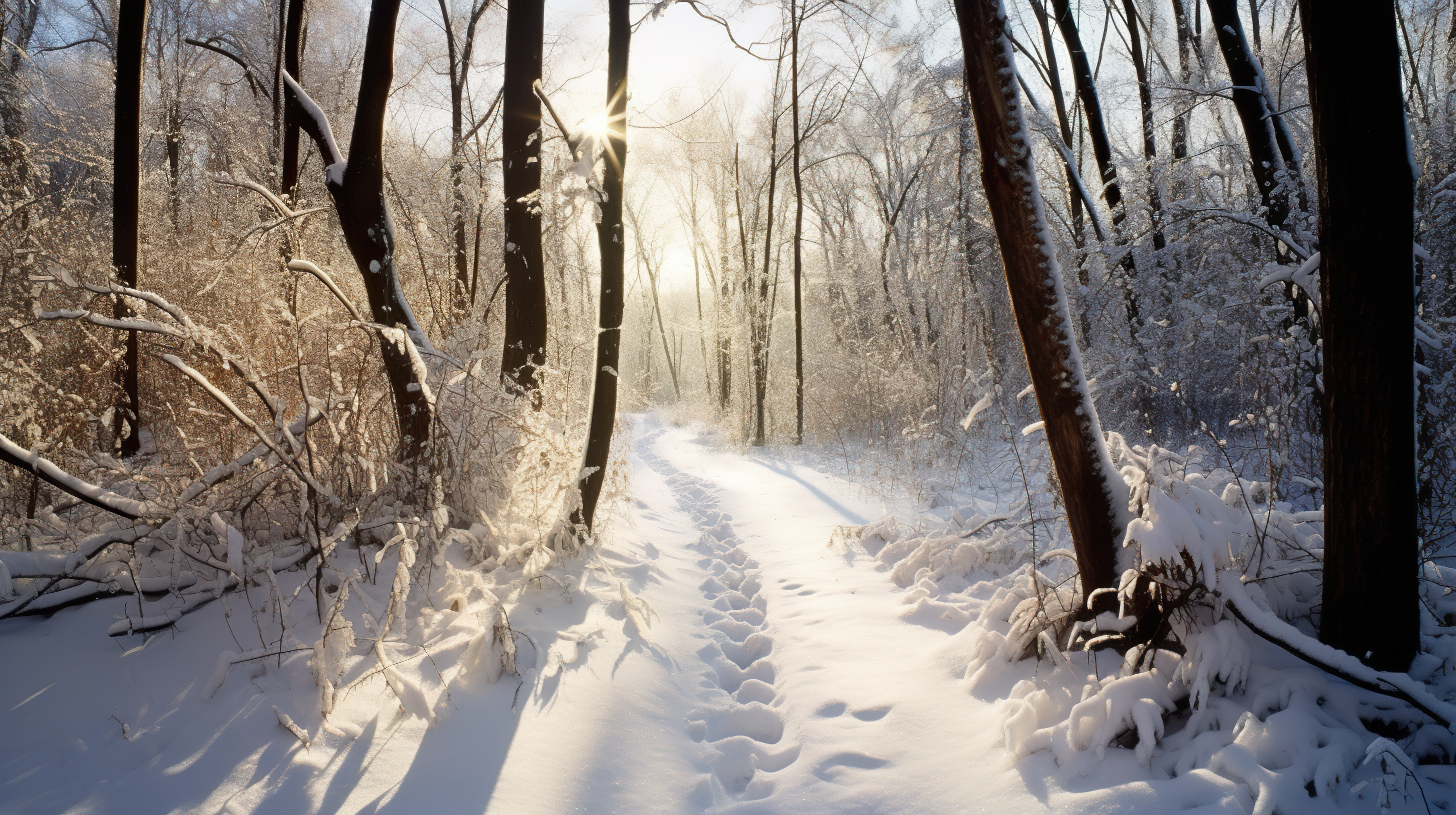 sunny path through a snowy forest