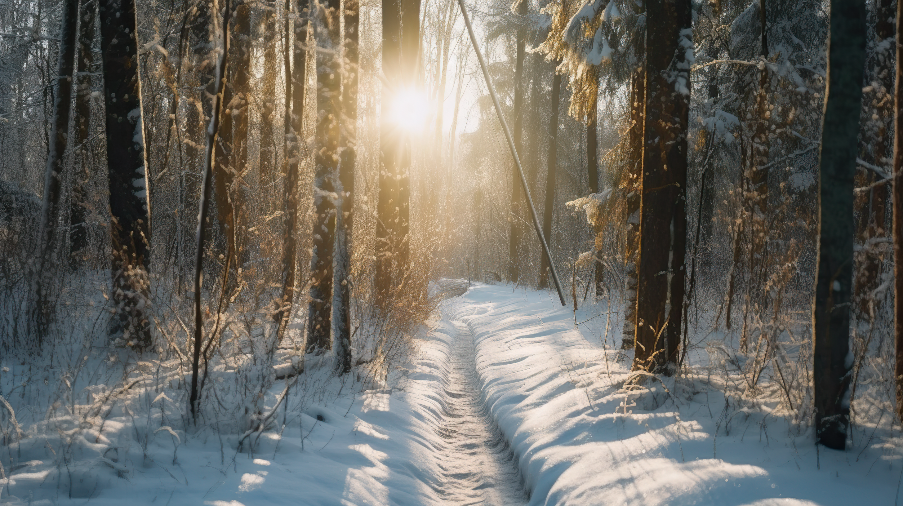 sunny path through a snowy forest