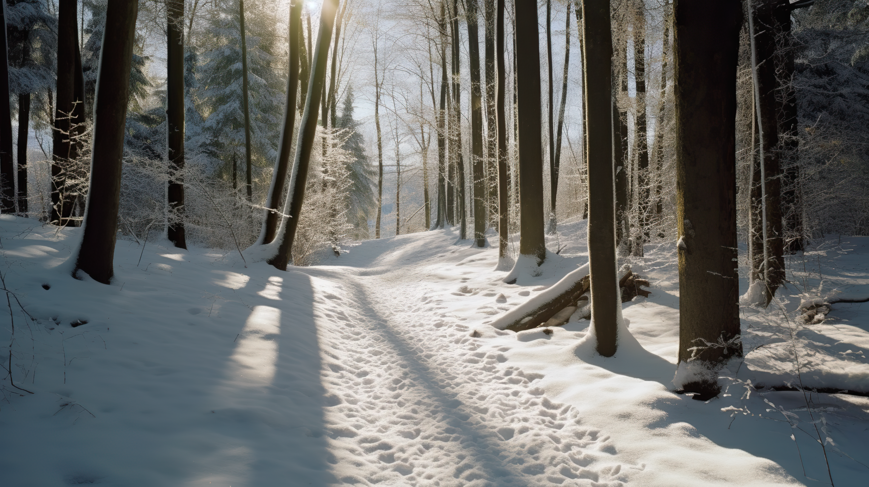 sunny path through a snowy forest