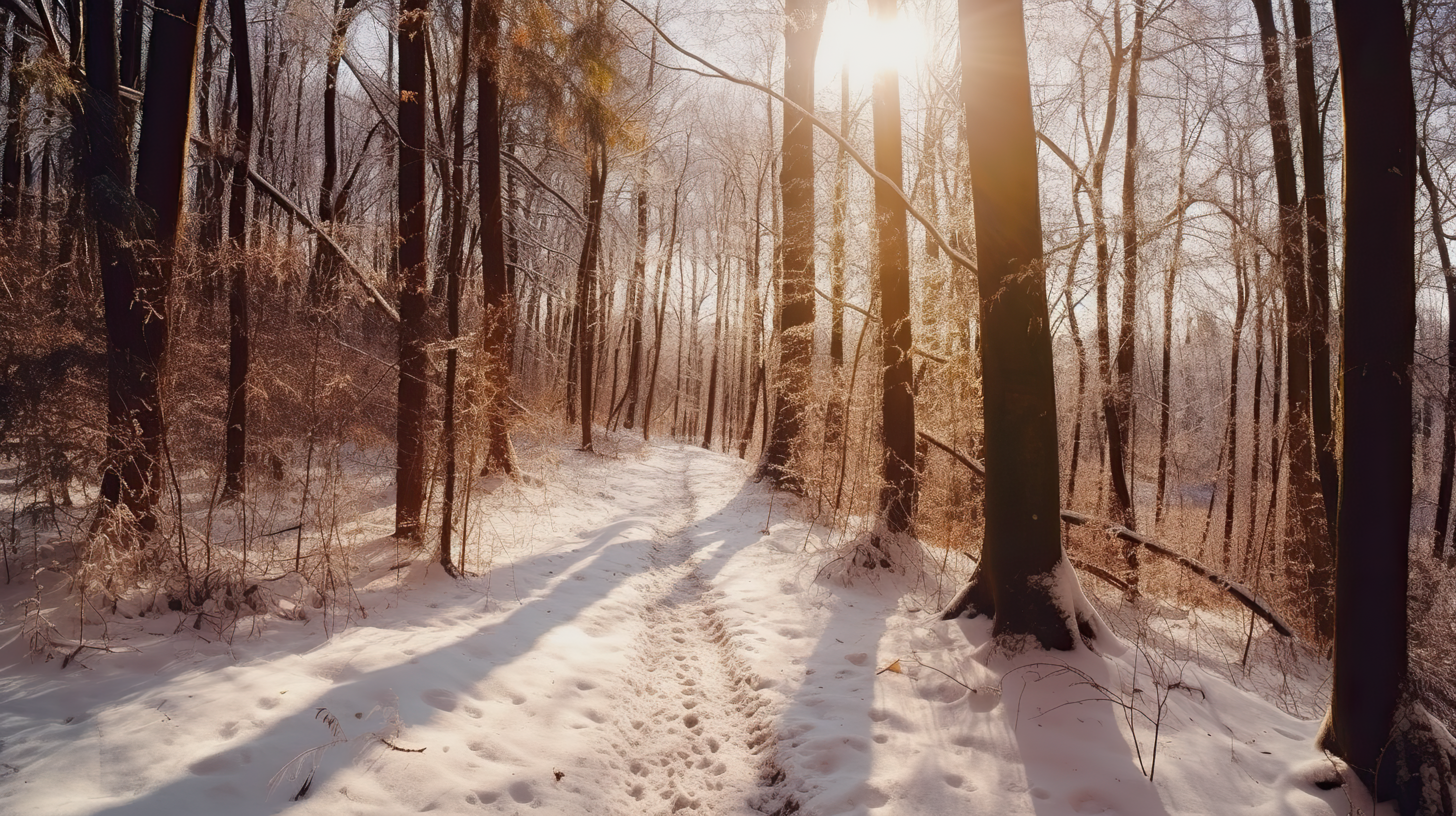 sunny path through a snowy forest