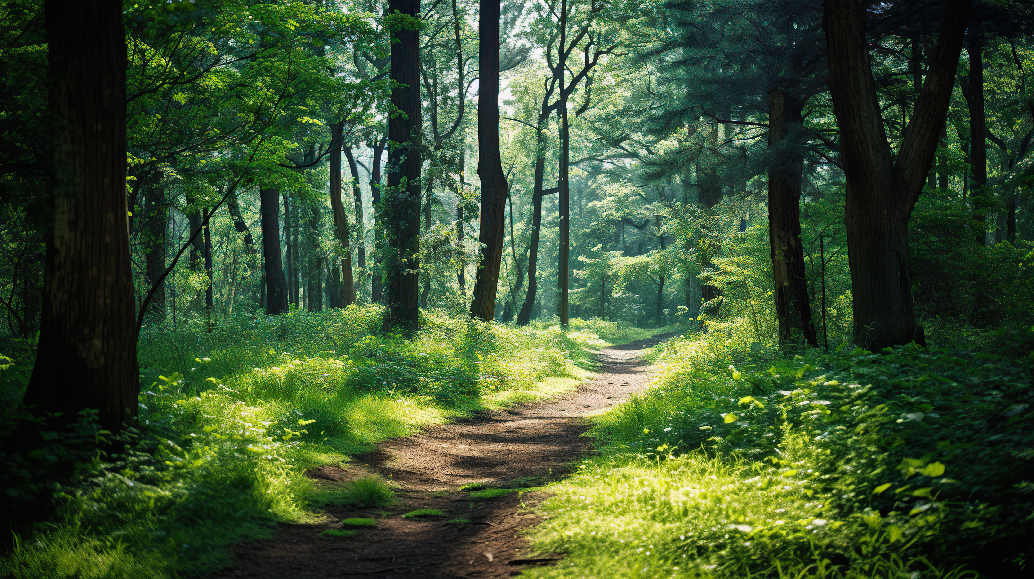 sunny path through green forest