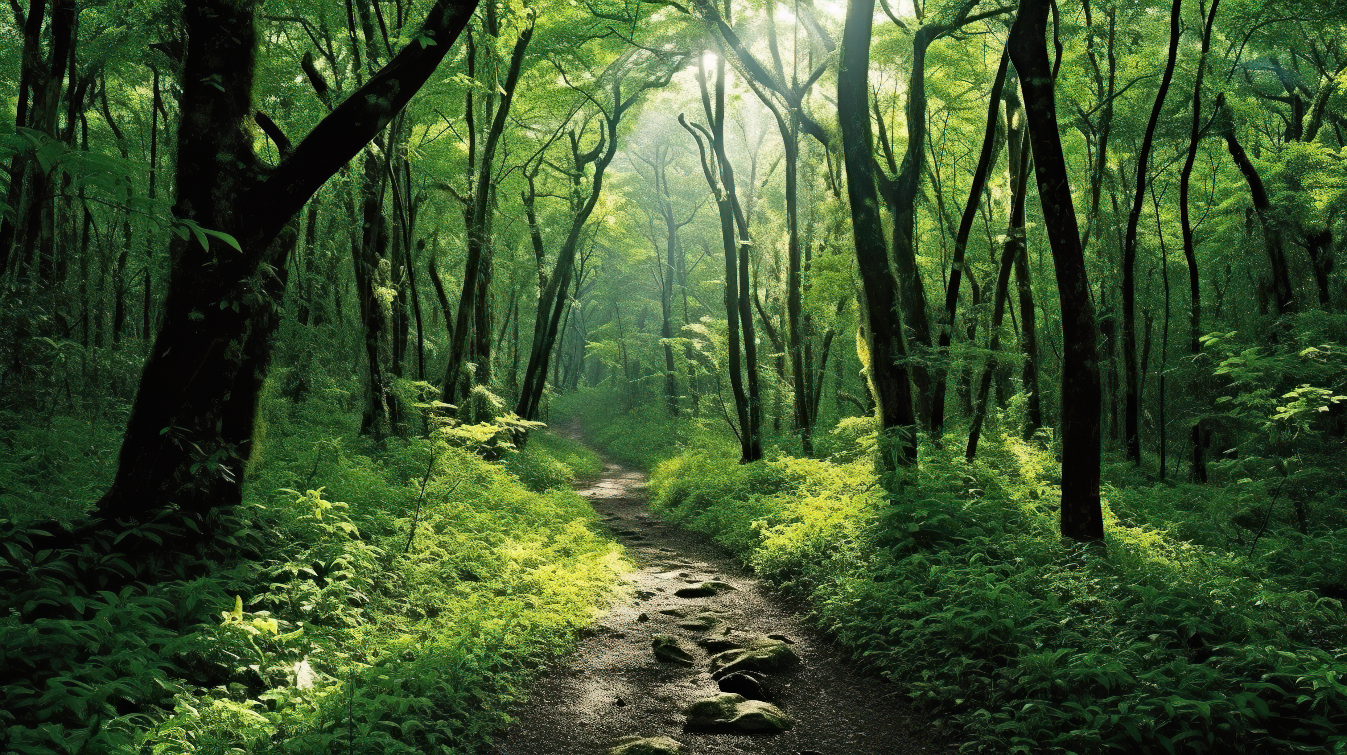 sunny path through green forest