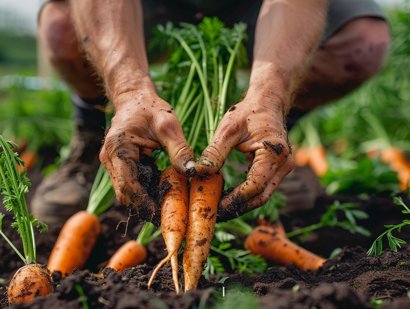 Hands pulling carrots from the carrot field