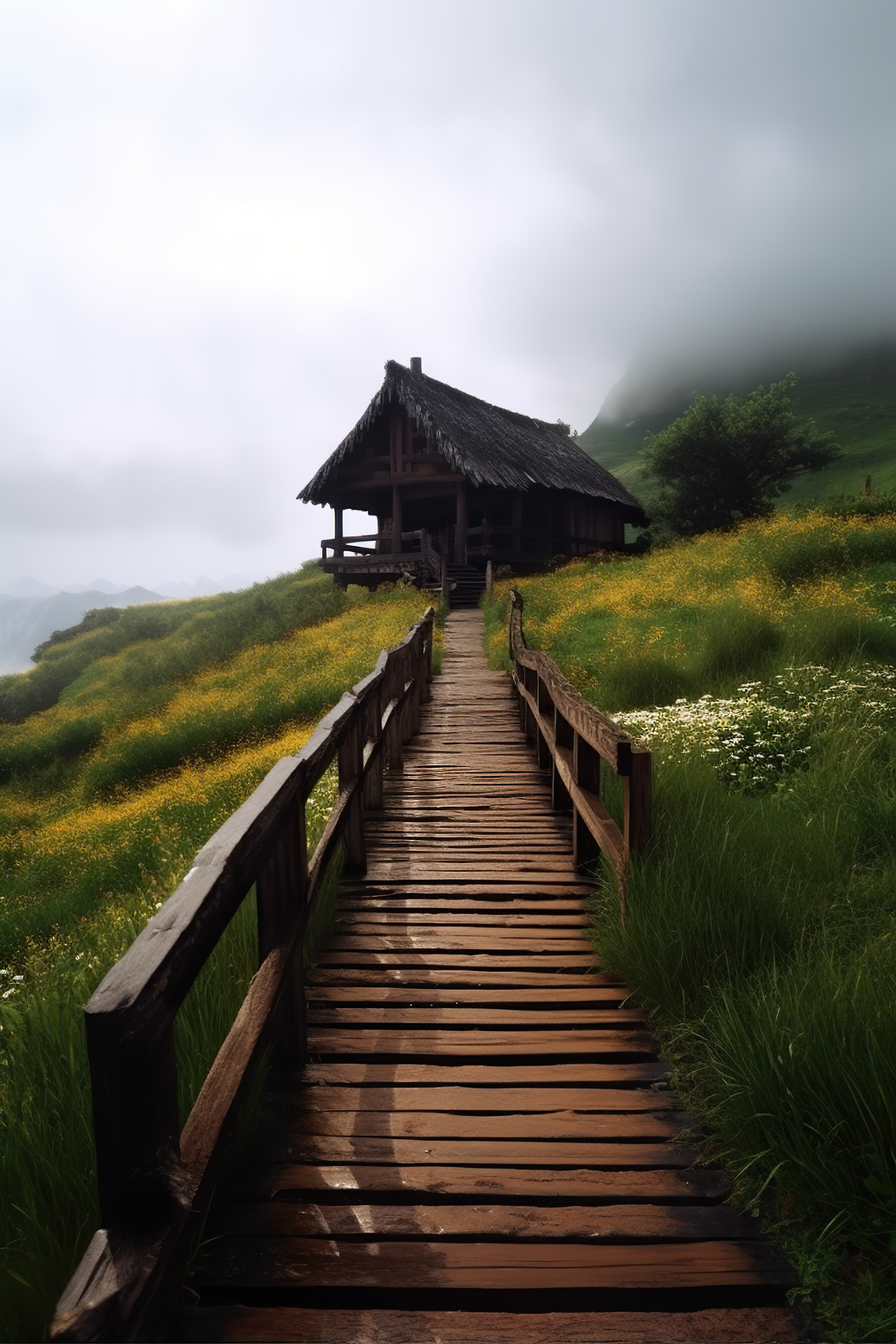 wooden floor path leads to the hilltop house with meadow background