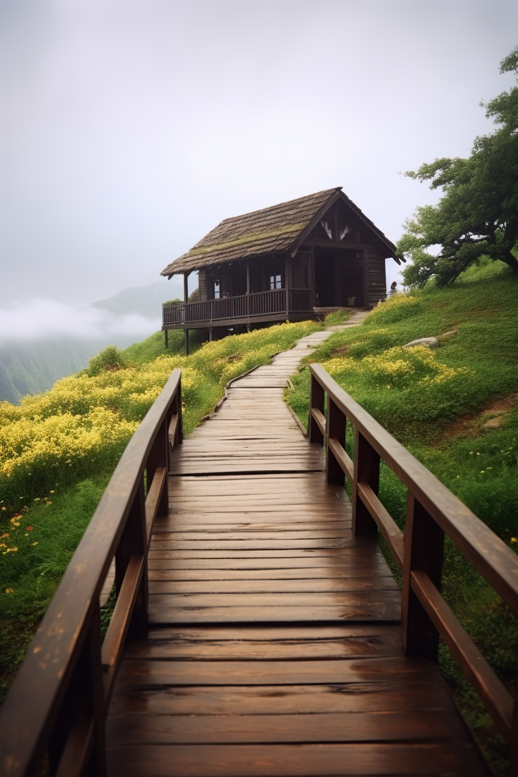 wooden floor path leads to the hilltop house with meadow background